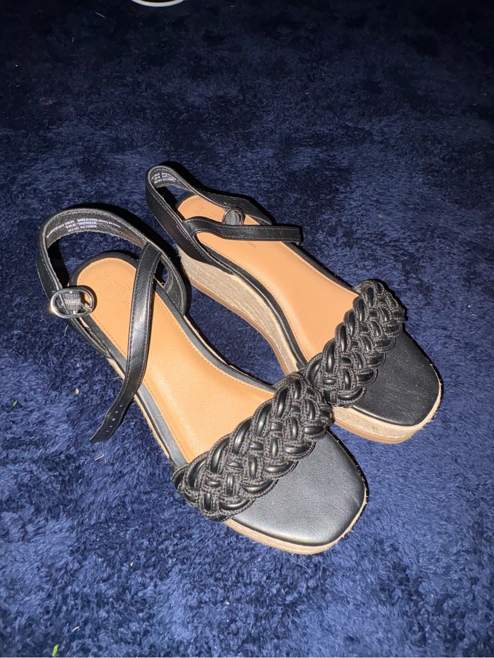 Time and Tru Black Braided Strap Wedge Sandals